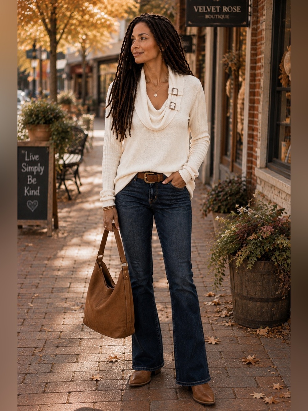 Suzie In The City Cream Cowl Neck Buckle Sweater XL Cozy Boho Western Fall